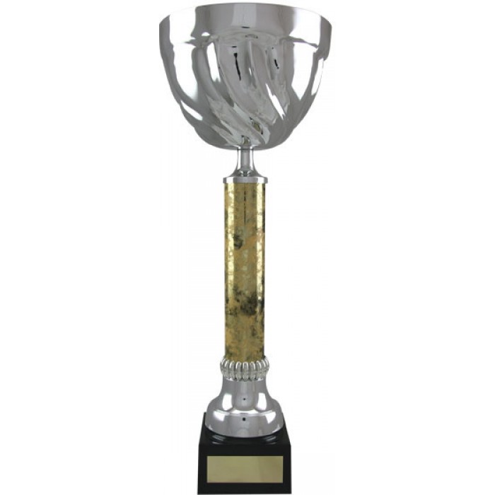 SILVER METAL TROPHY CUP ON BLACK & GOLD COLUMN-AVAILABLE IN 5 SIZES