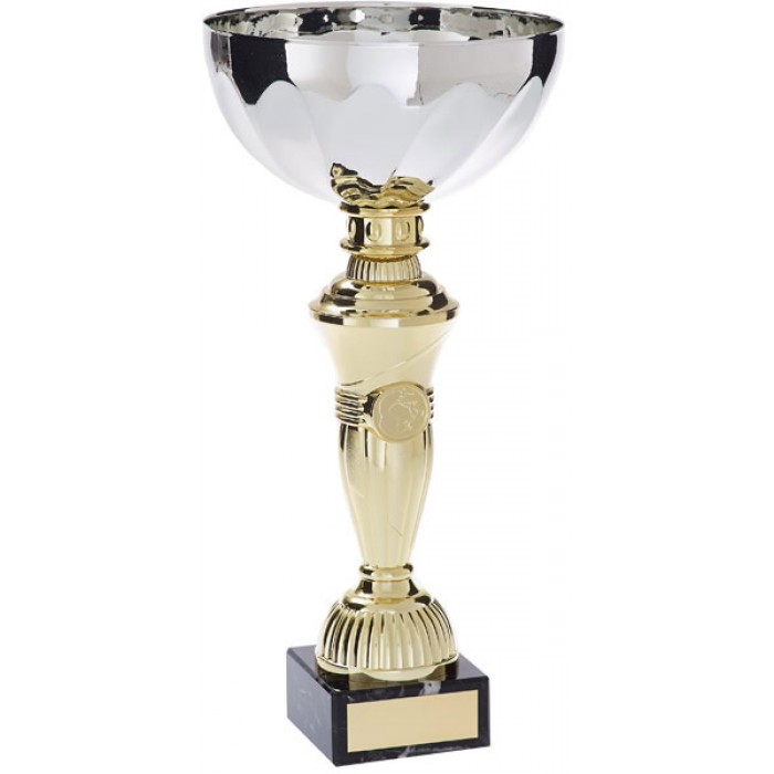 SILVER METAL CUP ON GOLD RISER AVAILABLE IN 5 SIZES