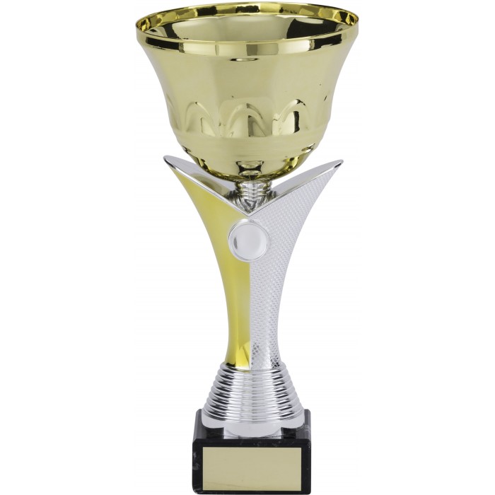 GOLD METAL TROPHY CUP ON NEW V RISER AVAILABLE IN 5 SIZES