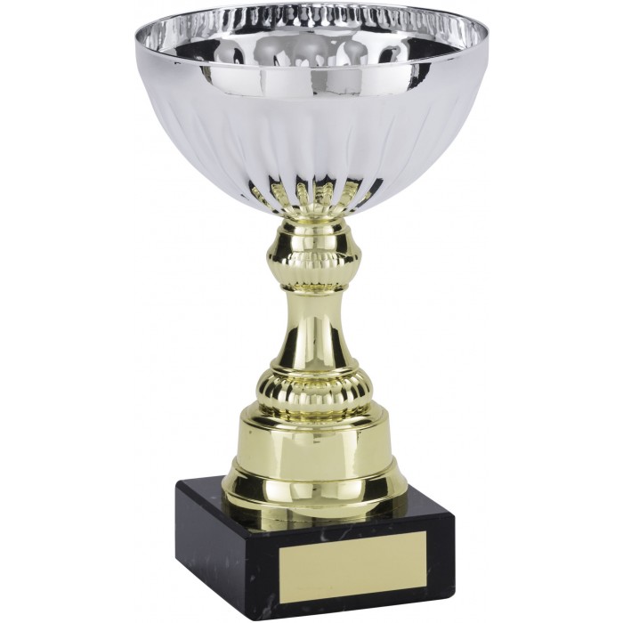SILVER METAL CUP ON SCULPTED GOLD RISER AVAILABLE IN 5 SIZES