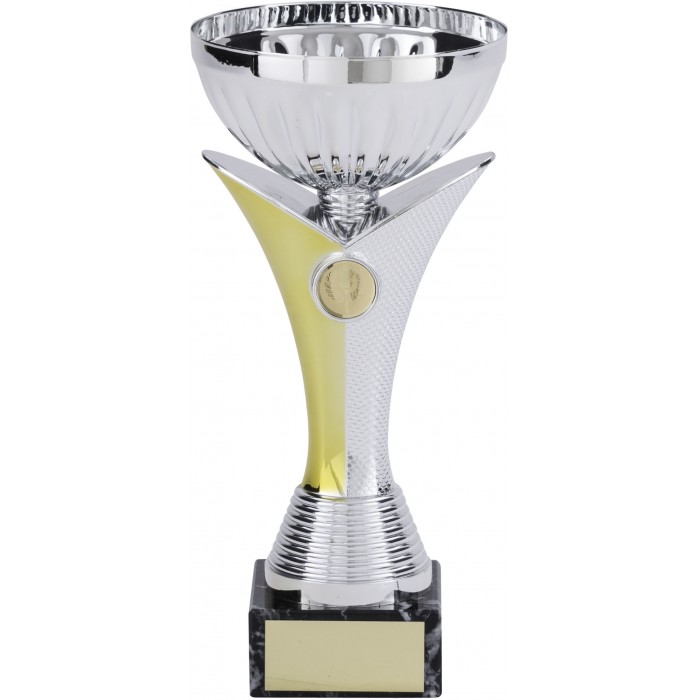SILVER METAL TROPHY CUP ON GOLD/SILVER V SHAPED RISER-AVAILABLE IN 4 SIZES