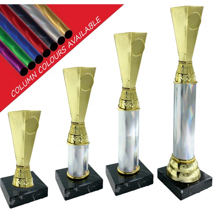 CENTRE HOLDER CUP COLUMN PLASTIC CRICKET TROPHY - WITH CHOICE OF SPORTS CENTRE - 4 SIZES